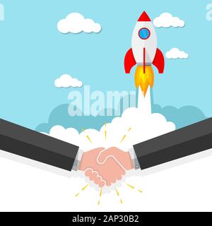 Handshake Business sullo sfondo del lancio del razzo spaziale. Illustrazione Vettoriale. Concetto di successo di una transazione o di start-up business. Illustrazione Vettoriale