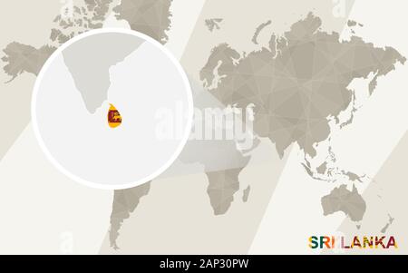 Zoom su Sri Lanka mappa e bandiera. Mappa del mondo. Illustrazione Vettoriale