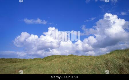 Il Cumulus bianche nuvole e cielo blu oltre le dune di sabbia, Devon, Inghilterra, Regno Unito Foto Stock