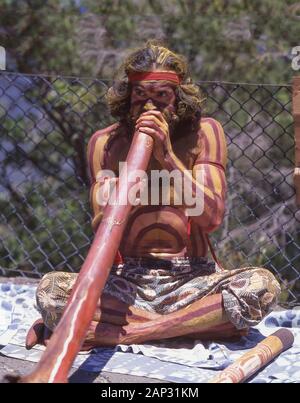 Maschio aborigene giocando didgeridoo, Blue Mountains, Nuovo Galles del Sud, Australia Foto Stock