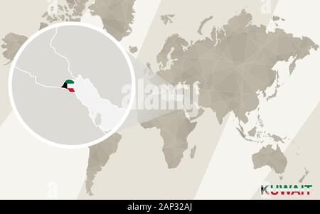 Zoom sulla mappa di Kuwait e bandiera. Mappa del mondo. Illustrazione Vettoriale