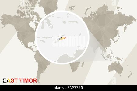 Zoom su Timor Est mappa e bandiera. Mappa del mondo. Illustrazione Vettoriale