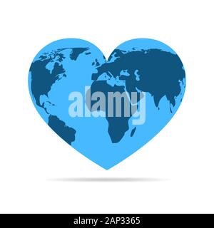 Mappa mondo sul cuore blu globe, isolati su sfondo bianco. Illustrazione Vettoriale. Cuore con la mappa della terra. Illustrazione Vettoriale
