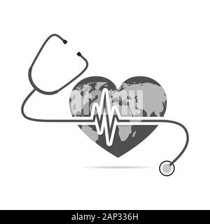 Giornata mondiale della sanità. Illustrazione Vettoriale. Globo a forma di cuore con lo stetoscopio e segno di heartbeat su sfondo bianco. Illustrazione Vettoriale