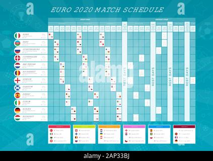 Programma di incontro Euro 2020 con bandiere. Campionato di calcio Euro 2020, illustrazione vettoriale - modello per web e stampa. Illustrazione Vettoriale