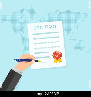 Il concetto di accordo - mano firma del contratto della carta. Illustrazione Vettoriale. Il concetto di successo di una transazione. Illustrazione Vettoriale