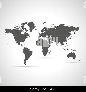 Grigio mappa del mondo. Illustrazione Vettoriale. Mappa piatta del mondo con ombra su sfondo chiaro. Illustrazione Vettoriale