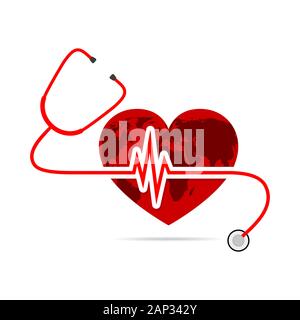 Giornata mondiale della sanità. Illustrazione Vettoriale. Globo a forma di cuore con lo stetoscopio e segno di heartbeat su sfondo bianco. Illustrazione Vettoriale