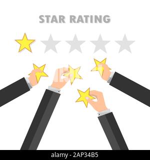 Classificazione a stelle e imprenditore dando mano star. Dando rating stelle. Avendo il feedback e la qualità. Illustrazione Vettoriale. Illustrazione Vettoriale