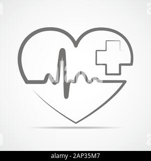 Cuore grigio con segno di heartbeat e con la croce. Illustrazione Vettoriale. Cuore nel piatto stile contorno. Illustrazione Vettoriale