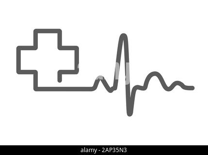 Grigio segno heartbeat con assistenza medica croce. Illustrazione Vettoriale. Simbolo di medici in profilo piatto stile. Illustrazione Vettoriale
