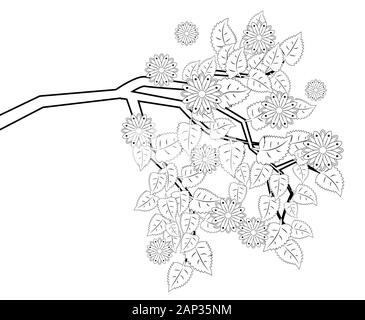 Ramo di colorazione con fiori per adulti. Disegnata a mano artisticamente ornamento etnico con illustrazione a motivi geometrici. Illustrazione Vettoriale