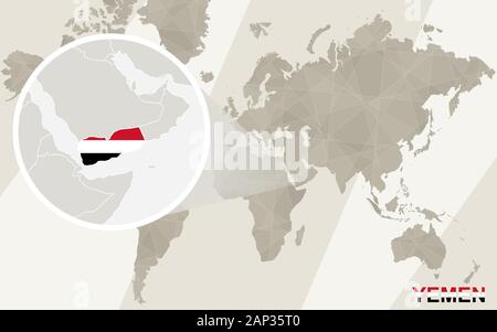 Zoom sulla mappa dello Yemen e bandiera. Mappa del mondo. Illustrazione Vettoriale