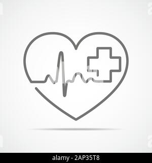 Cuore grigio con segno di heartbeat e con la croce. Illustrazione Vettoriale. Cuore nel piatto stile contorno. Illustrazione Vettoriale