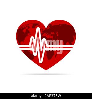 Cuore rosso con icona di heartbeat. Illustrazione Vettoriale. Segno di cuore con la mappa del mondo in design piatto. Illustrazione Vettoriale