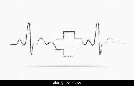 Grigio segno heartbeat con assistenza medica croce. Illustrazione Vettoriale. Disegnato a mano simbolo medico in design piatto. Illustrazione Vettoriale