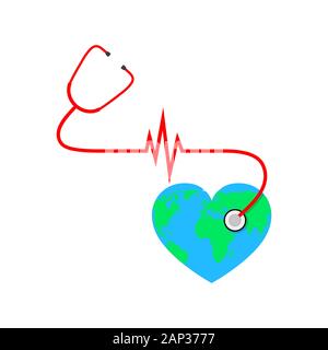 Giornata mondiale della sanità. Illustrazione Vettoriale. Globo a forma di cuore con lo stetoscopio e segno di heartbeat su sfondo bianco. Illustrazione Vettoriale