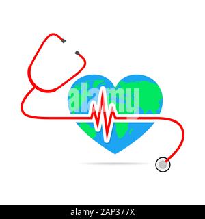 Giornata mondiale della sanità. Illustrazione Vettoriale. Globo a forma di cuore con lo stetoscopio e segno di heartbeat su sfondo bianco. Illustrazione Vettoriale