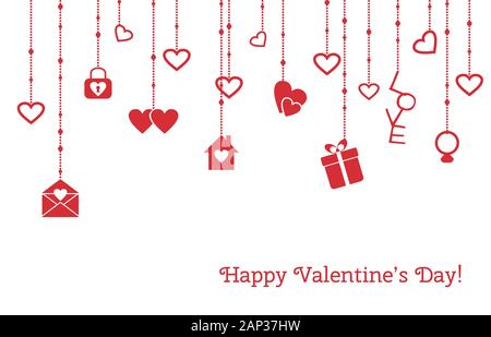 Biglietto di auguri per il giorno di San Valentino con cuori pendenti, regali Illustrazione Vettoriale