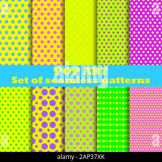 La Pop Art seamless pattern impostato. Punteggiato pop art background in stile retrò. Illustrazione Vettoriale Illustrazione Vettoriale