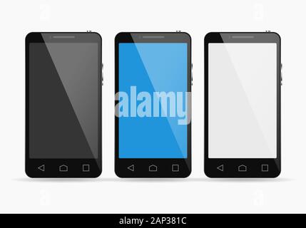 Smartphone mockups impostato su sfondo bianco. Illustrazione Vettoriale. Smartphone con nero, bianco e blu sullo schermo. Illustrazione Vettoriale