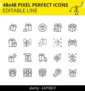 Icone di scalata delle confezioni regalo e sorprese. Include carta regalo, consegna, nastro, prezzo ecc. Pixel perfetto Set modificabile 48x48. Vettore. Illustrazione Vettoriale