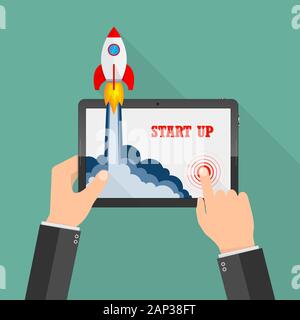 La navicella spaziale si blocca al di fuori dello schermo tablet. Nuovo business di avvio del progetto di sviluppo e il lancio di un nuovo prodotto o servizio. Illustrazione Vettoriale. Illustrazione Vettoriale