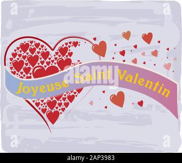 Buon San Valentino testo francese con motivo cardiaco in rosso e viola. Grunge vintage retro background Illustrazione Vettoriale