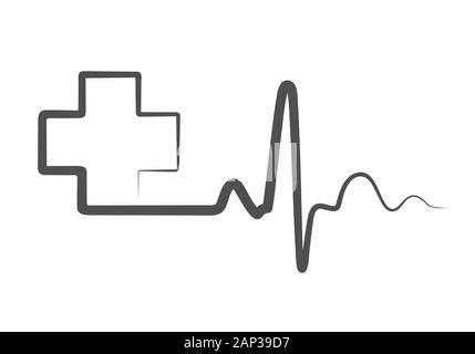Grigio segno heartbeat con assistenza medica croce. Illustrazione Vettoriale. Simbolo di medici in profilo piatto stile. Illustrazione Vettoriale