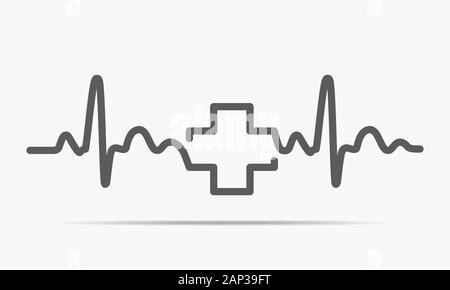 Grigio segno heartbeat con assistenza medica croce. Illustrazione Vettoriale. Simbolo di medici in profilo piatto stile. Illustrazione Vettoriale