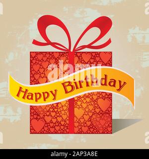 Happy Birthday Gift Box testo in inglese con motivo a cuore e nastro in rosso colori Grunge vintage retro sfondo Illustrazione Vettoriale