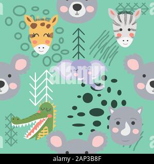 Cartoon cute animali tribali volti. Boho cute animali modello Illustrazione Vettoriale
