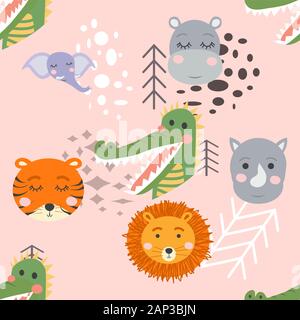 Cartoon cute animali tribali volti. Boho cute animali modello Illustrazione Vettoriale