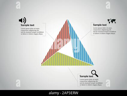Una infografica template vettoriale a forma di triangolo. Un grafico è diviso in tre parti a colori riempita dal pattern. Ogni sezione è unita con semplici sig Illustrazione Vettoriale