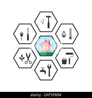 Casa e lavoro icone strumenti in linea tecnica come concetto di riparazione Illustrazione Vettoriale