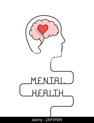 Testa umana e cervello con cuore delineare come la salute mentale, emozionale benessere e concetto di sensibilizzazione Illustrazione Vettoriale