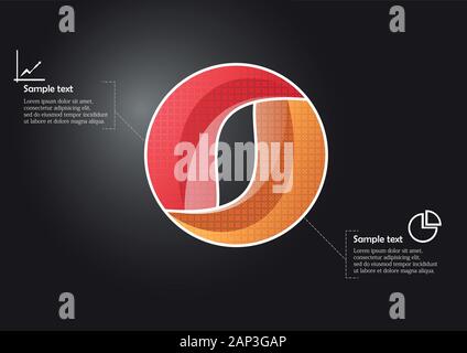 Una infografica template vettoriale con la forma di un cerchio. Un grafico è diviso in due parti a colori riempita dal pattern. Ogni sezione è unita con un semplice segno. B Illustrazione Vettoriale