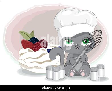 Cuocere cat nel cappuccio con agitatore spezie e frutti di bosco torta. Foto in disegno a mano in stile cartoon, per t-shirt moda print design, biglietto di auguri, pos Illustrazione Vettoriale