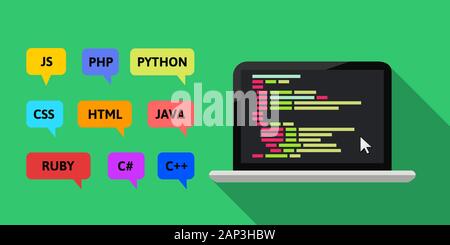 Vari linguaggi di programmazione concetto. Laptop, codice e fumetti in un colorato design piatto. Illustrazione Vettoriale