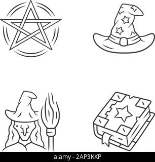 Magic lineare set di icone. Pentacolo, wizard hat, strega, scandire il libro. La stregoneria, occulta gli elementi rituali. Mistero di oggetti. Linea sottile simboli di contorno. Isolare Illustrazione Vettoriale