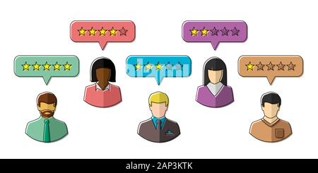 Rating e concetto di revisione con persone dando stelle come feedback e la valutazione. Illustrazione Vettoriale in linea tecnica. Illustrazione Vettoriale
