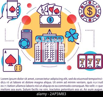 Casino articolo pagina template vettoriale. Las Vegas. Il gioco d'azzardo & giochi di fortuna. Poker, slot, scommesse. Brochure, rivista, booklet elemento lineare con ico Illustrazione Vettoriale