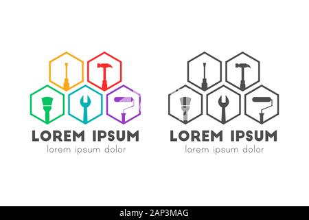 Costruzione e ristrutturazione concetto del logo con gli strumenti di lavoro Illustrazione Vettoriale