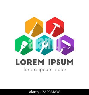 Strumenti di lavoro il concetto di logo. Icone inclinata lateralmente. Colorato design piatto con lunga ombra. Illustrazione Vettoriale