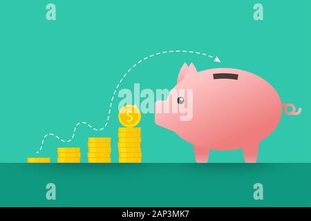 Piggybank e monete come risparmio, la crescita del reddito o il concetto di finanze in design piatto Illustrazione Vettoriale