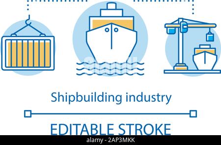 Industria cantieristica navale Nozione icona. Settore marittimo. Il trasporto marittimo. Navi messa a carico, a vuoto. Costruzione e riparazione di barche di idea di una linea sottile illustrazione. Illustrazione Vettoriale