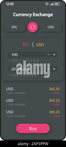 Bitcoin exchange interfaccia dello smartphone template vettoriale. Mobile App pagina design nero formato. Convertitore Cryptocurrency schermo. Interfaccia utente di piana per l'applicazione. Illustrazione Vettoriale