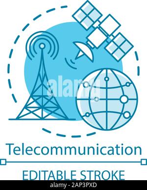 Concetto di telecomunicazioni e la relativa icona. Nel complesso la rete wireless. Collegamento via satellite. Sistema di comunicazione globale idea sottile linea illustrazione. Isolat di vettore Illustrazione Vettoriale