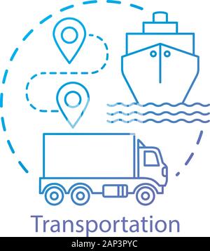 Il concetto di trasporto e la relativa icona. Spedizioni via mare e via terra. Percorso, nave, carrello. Logistica e Distribuzione. Consegna merci idea sottile linea illustrazione. Illustrazione Vettoriale