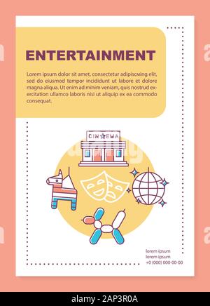 Industria del divertimento poster formato di modello. Cinema, musica ed eventi. Banner, opuscoli, depliant stampa design lineare con le icone. Vettore pagina brochure Illustrazione Vettoriale